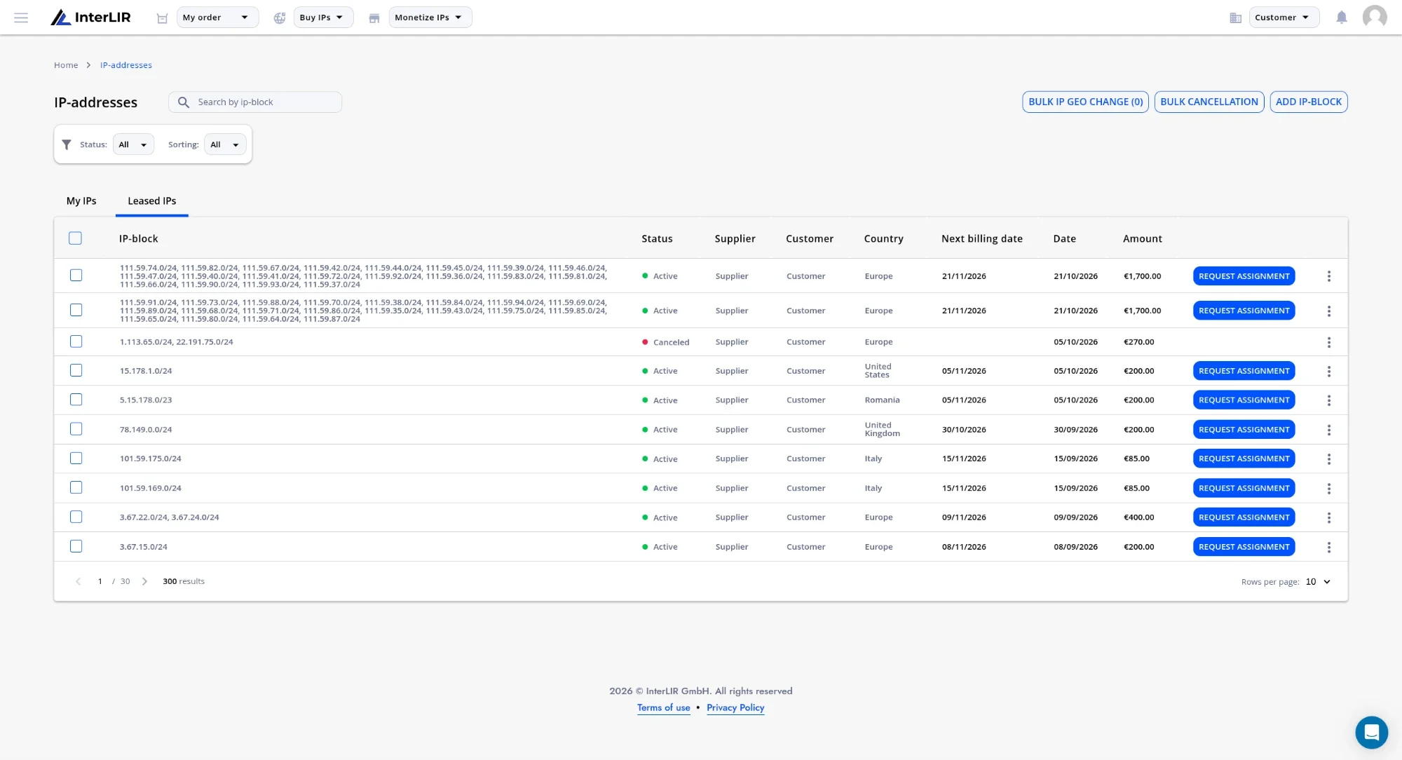 Bulk cancellation button on the Leased IPs page