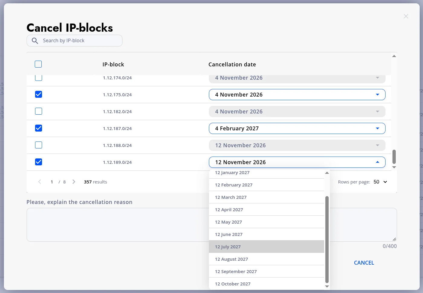 Selecting a cancellation date for an IP-block