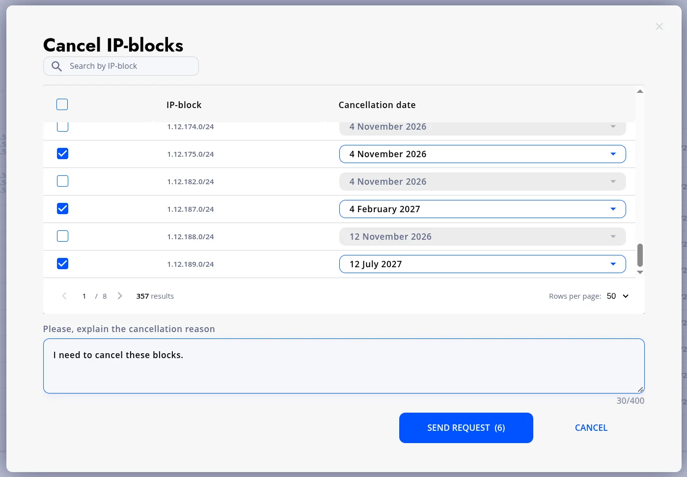 Selected IP-blocks, cancellation reason and the Send request button