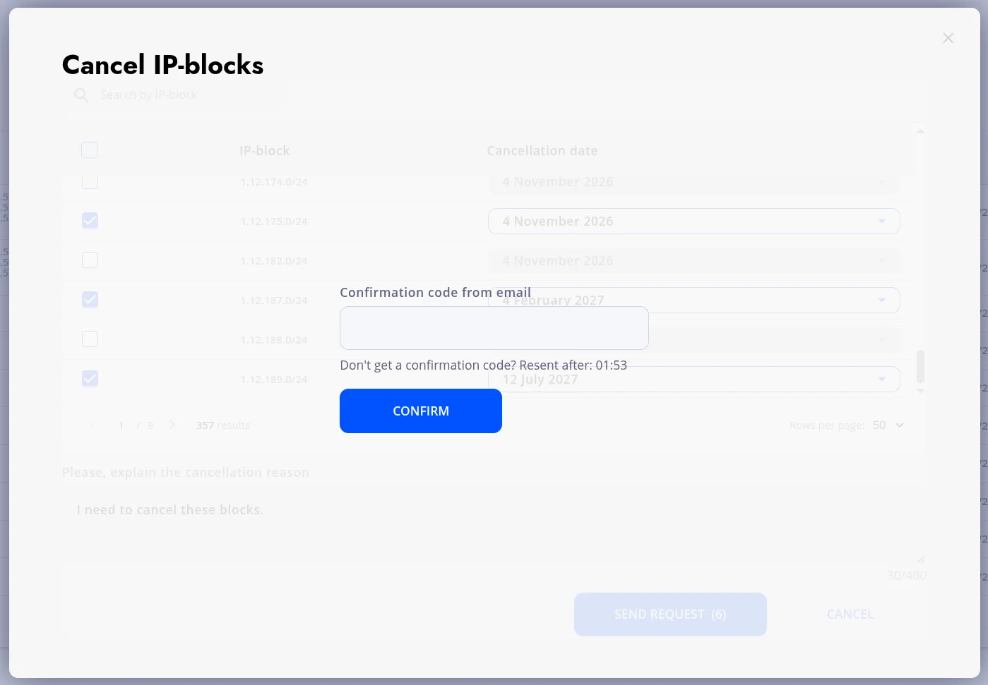 Confirmation code window