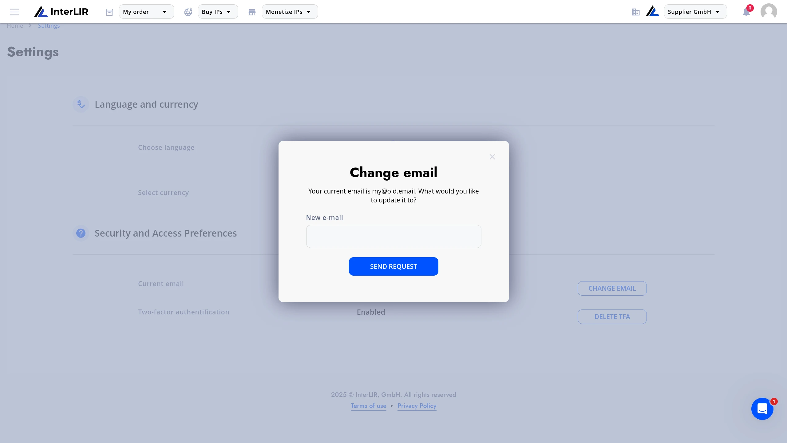 Change email modal – enter new email