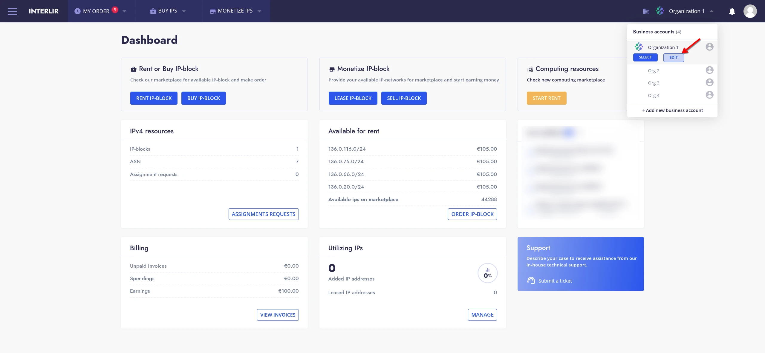 Edit button - Dashboard page