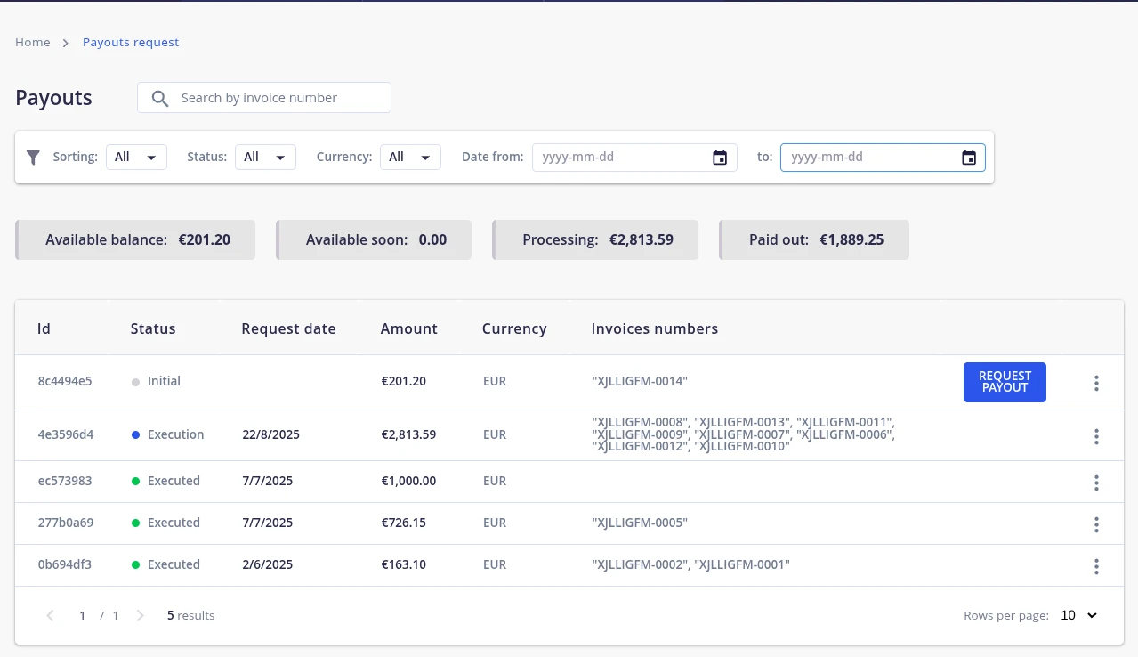 Payout request Page