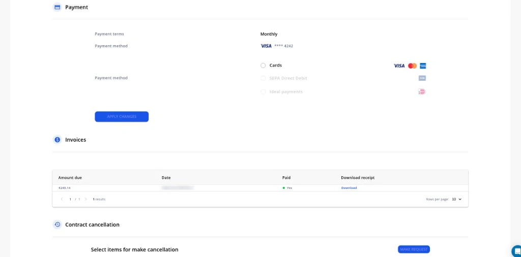 Contract details: Invoices section with Download link
