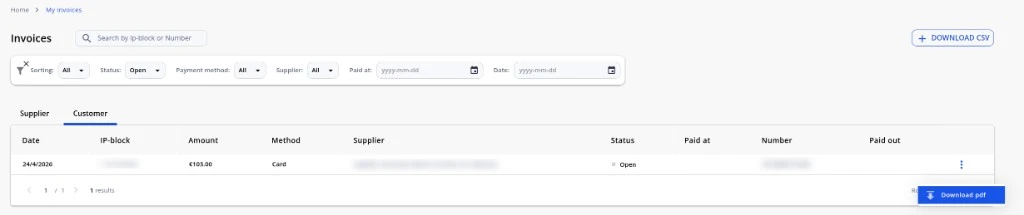 My Invoices: context menu on a row with Download pdf