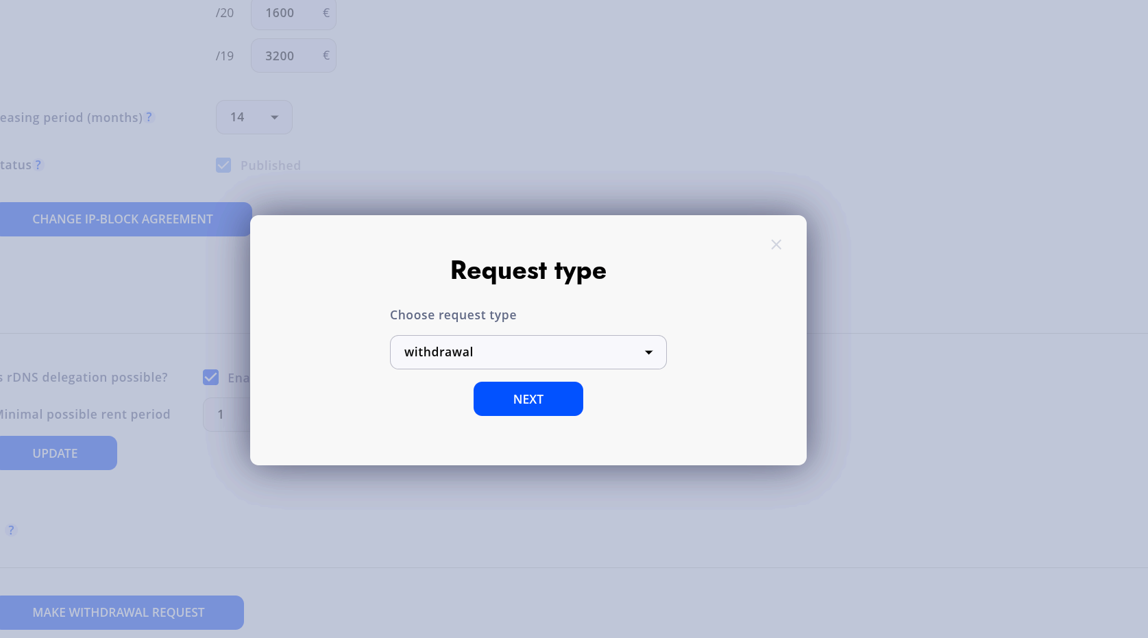 Request type — Withdrawal selected