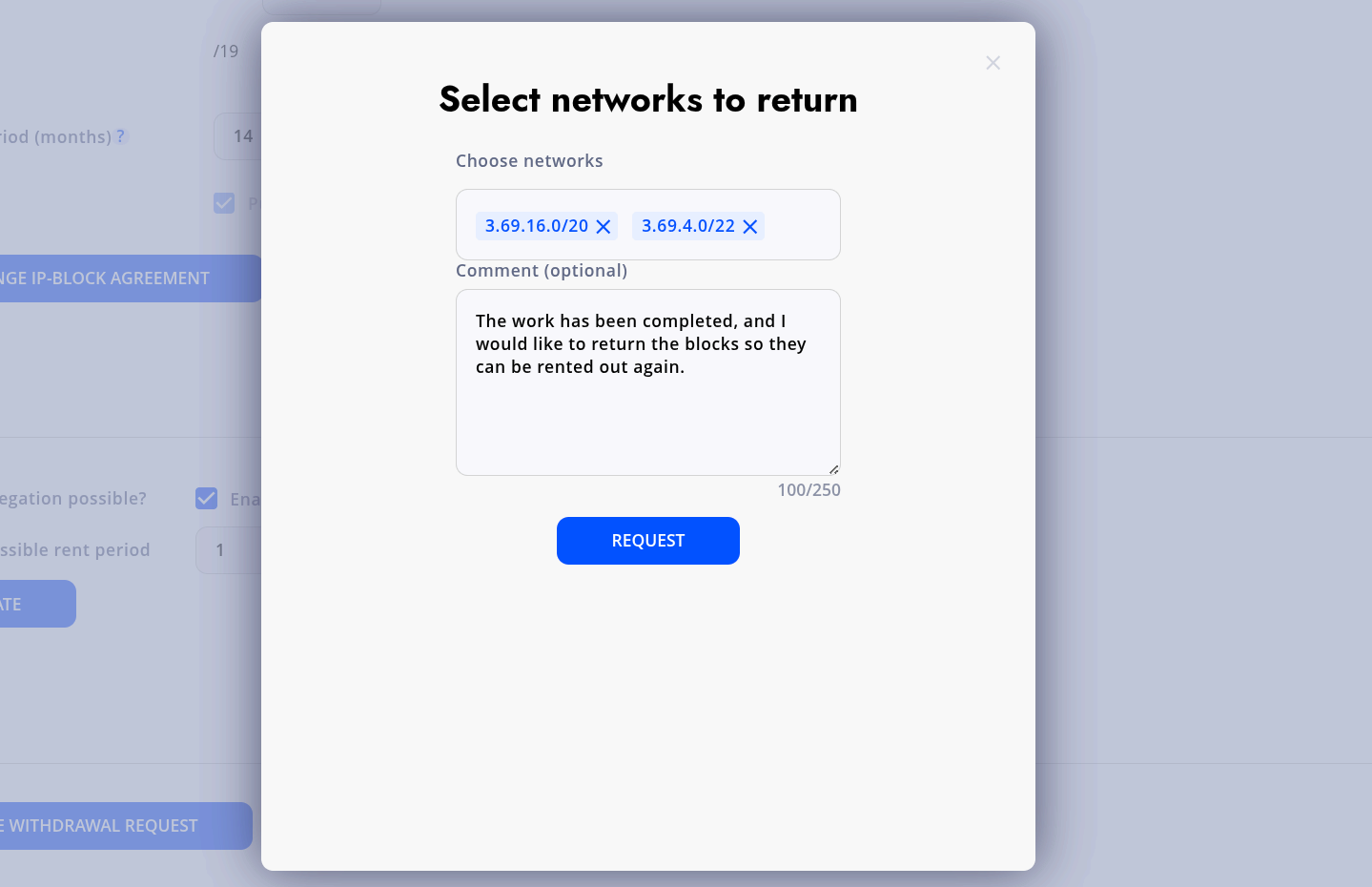 Select networks to return and submit the request
